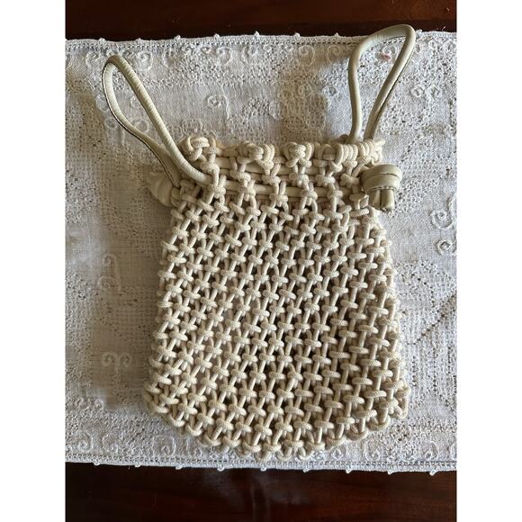 Clare V. Sandy Drawstring Clutch crocheted ivory cotton leather handles bag - Picture 3 of 16